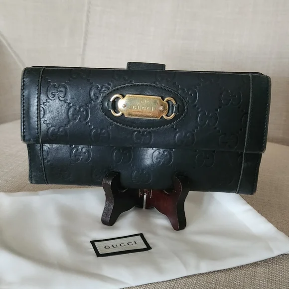 Gucci GG Black Guccissima Long Trifold Snap Wallet W/ Gucci Gold Horsebit Accent - Picture 8 of 16